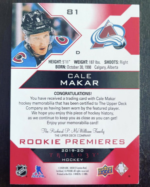 Cale Makar  Upper Deck Trilogy Rookie Premieres Red /499 back