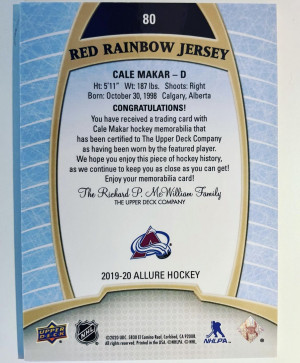 Cale Makar  Upper Deck Allure Red Rainbow Rookie Jersey back