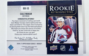 Cale Makar  Upper Deck Series 1 Rookie Retrospective Jersey back