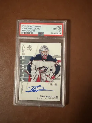 Elvis Merzlikins 2019 SP Authentic Future Watch Rookie Auto PSA 10 front