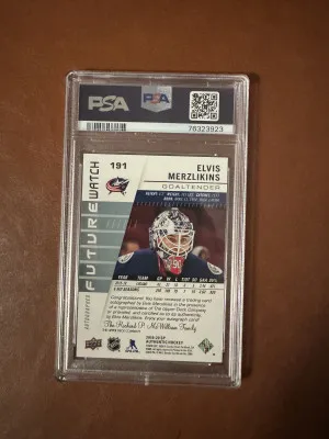 Elvis Merzlikins 2019 SP Authentic Future Watch Rookie Auto PSA 10 back