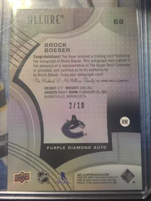 Brock Boeser Auto Purple Diamonds back