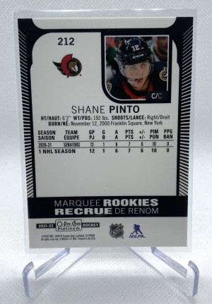 2021-22 O-Pee-Chee Platinum Shane Pinto Base Marquee Rookie #212 back