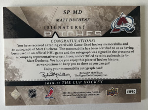 Matt Duchene 2010-11 Signature Patches back