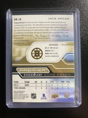 Jack Ahcan 21-22 Premier Rookie Auto Patch 42/65 back