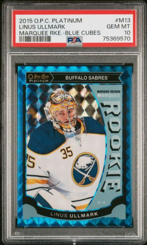 Linus Ullmark 2015-16 O-Pee-Chee Platinum Rookie Blue Cubes /75 PSA 10 front