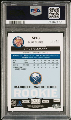 Linus Ullmark 2015-16 O-Pee-Chee Platinum Rookie Blue Cubes /75 PSA 10 back