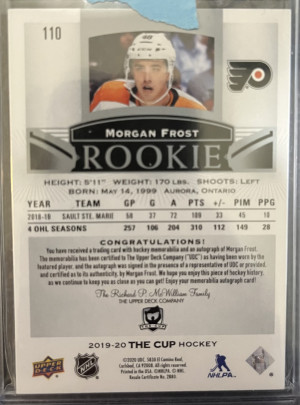 Morgan Frost 2019-20 UD The Cup Rookie Patch Auto RPA back
