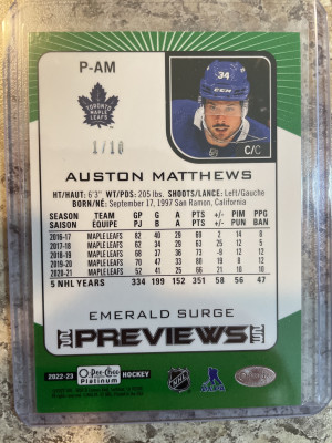 Auston Matthews O-Pee-Chee platinum Preview Emerald Surge 1/10 back