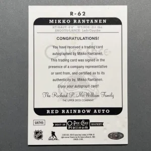 2017-18 OPC PLATINUM MIKKO RANTANEN RED RAINBOW AUTO back