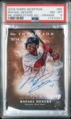 Rafael Devers 2018 Topps Inception Rookie and Emerging Stars RC Orange /50 PSA 8 front