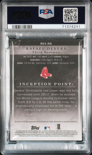 Rafael Devers 2018 Topps Inception Rookie and Emerging Stars RC Orange /50 PSA 8 back