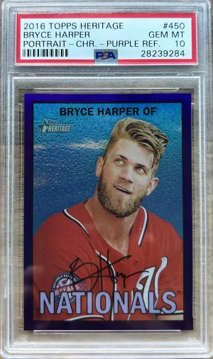 2016 Topps Heritage Chrome Purple Refractor #450 Bryce Harper Nationals PSA 10 front
