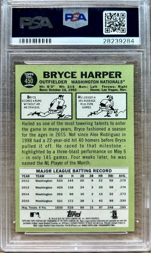 2016 Topps Heritage Chrome Purple Refractor #450 Bryce Harper Nationals PSA 10 back