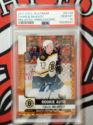 2017-18 OPC Platinum Charlie Mcavoy Orange Checkers Auto /15 front