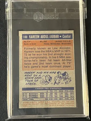 1972 Topps Kareem Abdul Jabbar SGC 7 back