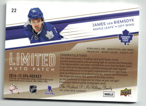 2014-15 UD SP Authentic Limited Auto Patch James Van Riemsdyk 18/25 back