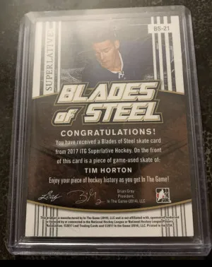 TIM HORTON  Leaf Blades of Steel Leather Skate Patch Leafs #d2/25 -2017-18 back