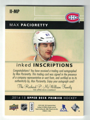 2014-15 Upper Deck Premier Hockey Inked Inscriptions II-MP Max Pacioretty 16/25 Autograph back