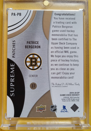 2019-20 SP Game Used Supreme Patches Patrice Bergeron 09/15 back