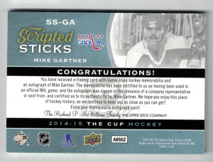 2014-15 The Cup Hockey Scripted Sticks Mike Gartner SS-GAS 09/35 back