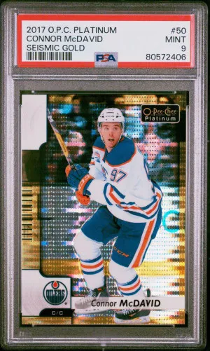 2017 OPC Platinum Connor McDavid Seismic Gold /50 PSA 9 front