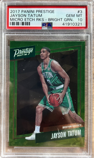 2017 Prestige Micro Etch Rookies Bright Green Jayson Tatum #3 PSA 10 Rookie RC front