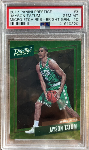 2017 Prestige Micro Etch Rookies Bright Green Jayson Tatum #3 PSA 10 Rookie RC front