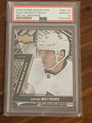 2016 Fleer Showcase Metal Universe Auston Matthews Rookie MU50 PSA 10 front