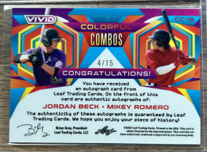 2022 Leaf Vivid Baseball Jordan Beck/Mickey Romero Colorful Combos Dual Auto /15 back