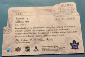 Timothy Liljegren 2020-21 Upper Deck Allure Quartz Auto ROOKIE CARD back