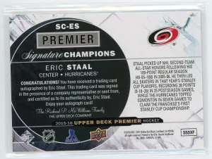 2015-16 Upper Deck Premier #SC-ES Eric Staal Signature Champions Autograph #'d 40/49 back