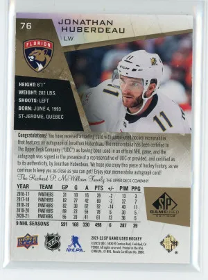 2021-22 SP Game Used #76 Jonathan Huberdeau Gold Jersey Autograph #'d 45/65 back
