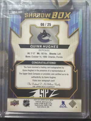 2021-22 UD SPX SHADOWBOX STARS SSP AUTO QUINN HUGHES /25 SBA-QH back