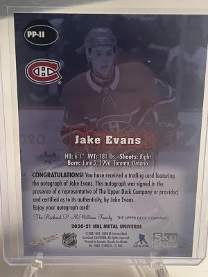 2020-21 Skybox Metal Universe Jake Evans PP-11 Premium Prospects RC Auto Ruby back