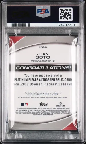 Juan Soto Bowman Platinum 2022 Patch Auto PSA 9/10 back