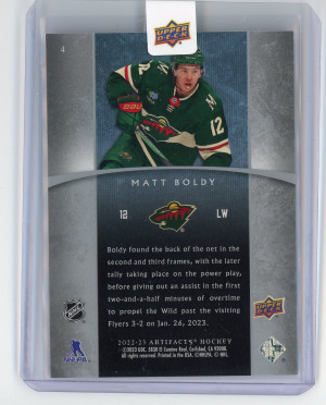 2022-03 Artifacts #4 Matt Boldy '05-06 Rookie 493/999 back