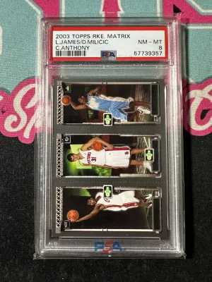 2003-04 Topps Rookie Matrix LeBron James/Darko Milicic/Carmelo Anthony RC PSA 8 #111 #112 #113 ROOKIE KING JAMES front