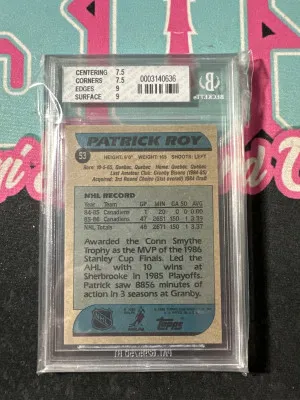 1986-87 Topps #53 Patrick Roy RC BGS 7.5 ROOKIE HIGH SUBS HOF back