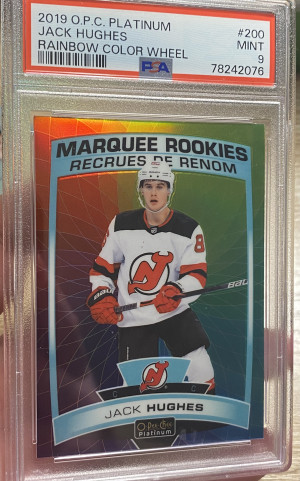 2019-20 O Pee Chee Platinum Rainbow Color Wheel Jack Hughes PSA 9 Rookie front