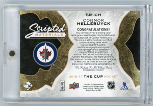 2016-17 The Cup #SM-CH Connor Hellebuyck Scripted Materials 12/35 back
