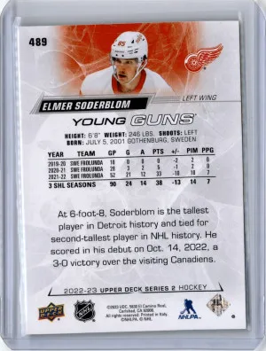 2022-23 UD Series 2 Base Young Guns #489 Elmer Soderblom Detroit Red Wings back