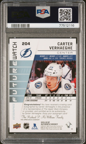 2019-20 SP Authentic Carter Verhaeghe #204 Future Watch Auto Rookie RC PSA 10 back