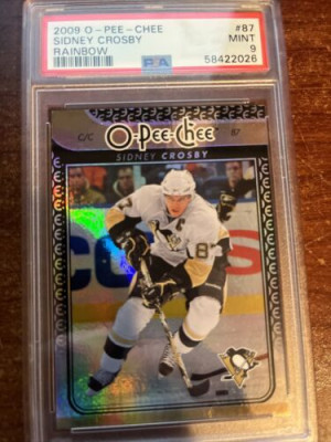 2009-10 O-PEE-CHEE RAINBOW #87 SIDNEY CROSBY PENGUINS LOW POP PSA 9 MINT PENS front