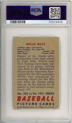 1951 Bowman Willie Mays Rookie #305 PSA 5 (MC) P1334 back