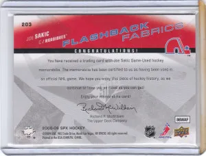 2008-09 SPx Flashback Fabrics Jersey #203 Joe Sakic back