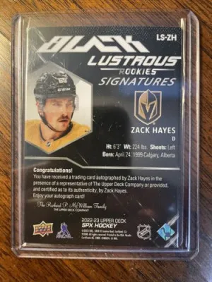 2022-23 SPX Black Lustrous Rookie Signatures Zack Hayes Auto #265/299 back