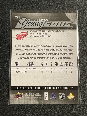 2015-16 Upper Deck #228 Dylan Larkin Young Guns back