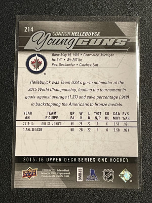 2015-16 Upper Deck #214 Connor Hellebuyck Young Guns back