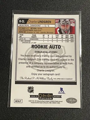 2016-17 OPC Platinum Rookie Auto #R-CL Charlie Lindgren back